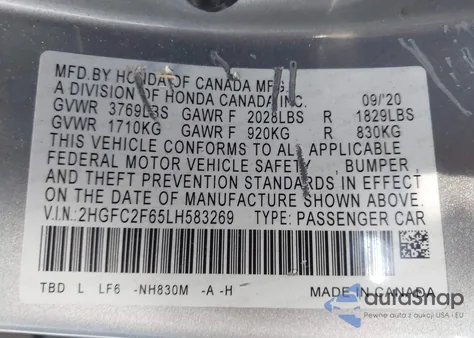 2020 Honda Civic Lx z USA, uszkodzony, nr VIN 2HGFC2F65LH583269